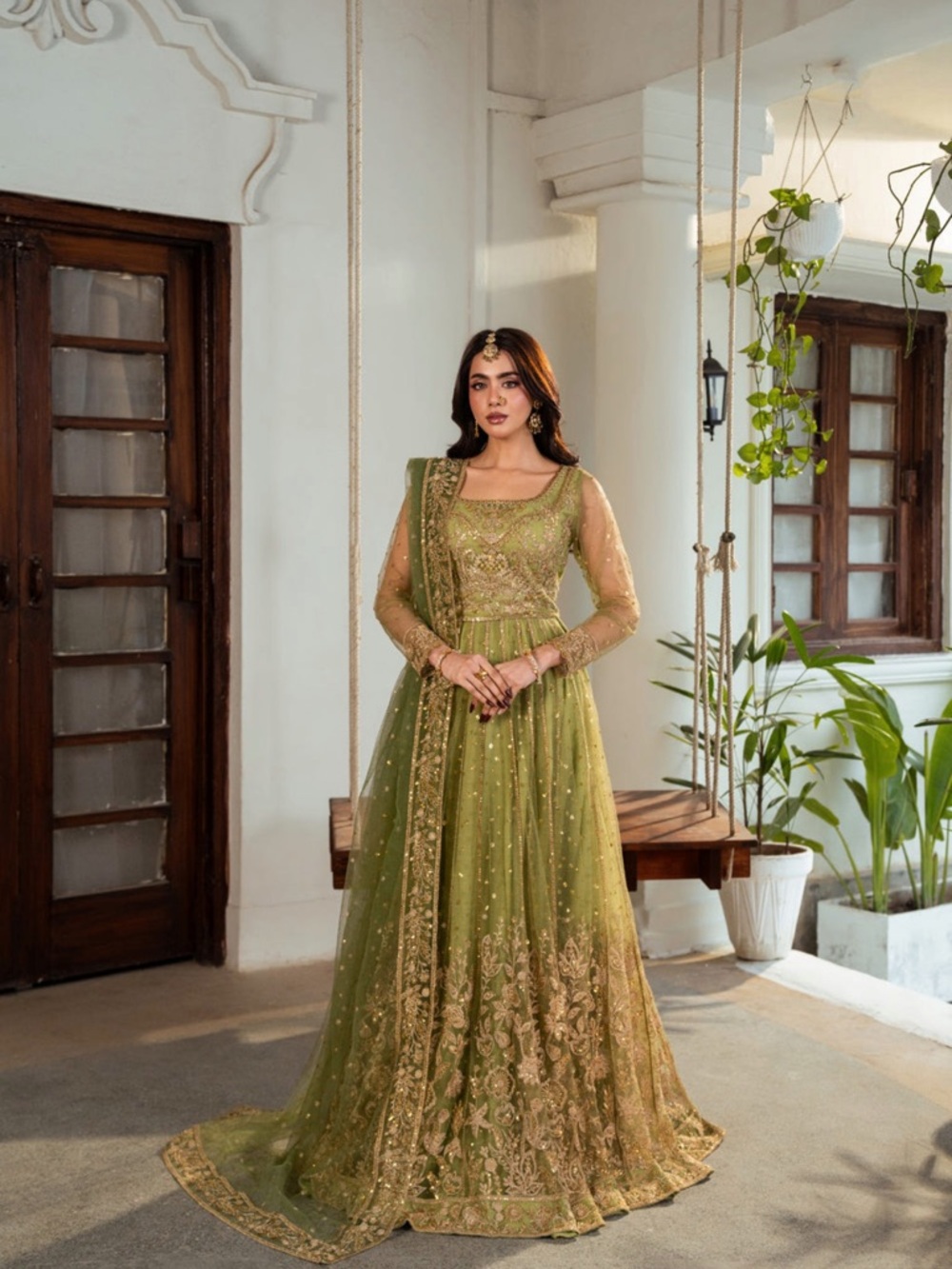 Elegant Olive Green Embroidered Women's Dress lehnga